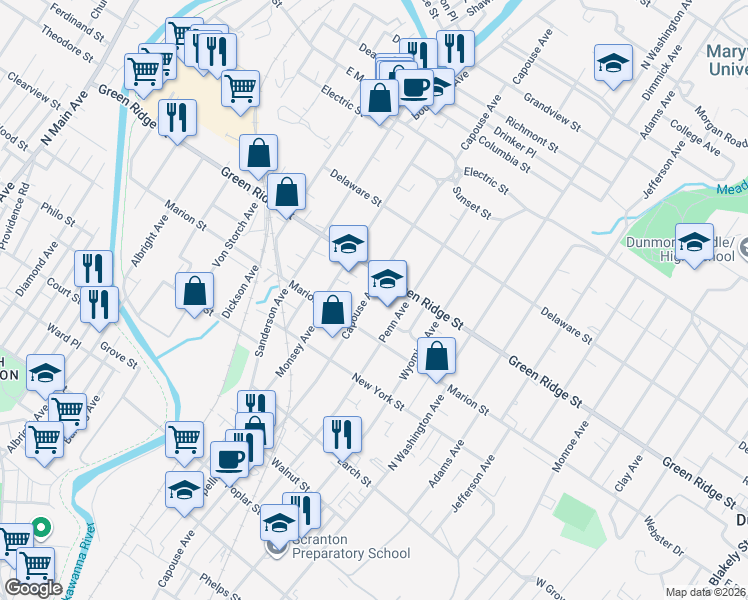map of restaurants, bars, coffee shops, grocery stores, and more near in Dunmore
