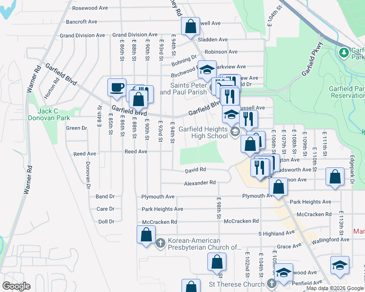 map of restaurants, bars, coffee shops, grocery stores, and more near 4914 East 95th Street in Garfield Heights