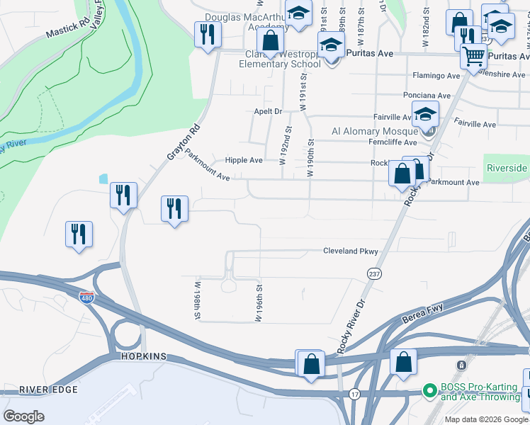 map of restaurants, bars, coffee shops, grocery stores, and more near 19146 Forestwood Avenue in Cleveland
