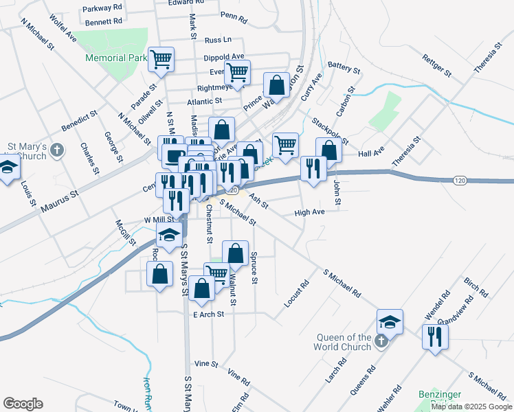 map of restaurants, bars, coffee shops, grocery stores, and more near 300 Ash St in St Marys