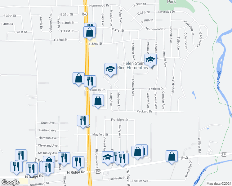map of restaurants, bars, coffee shops, grocery stores, and more near 4604 Meadow Lane in Lorain