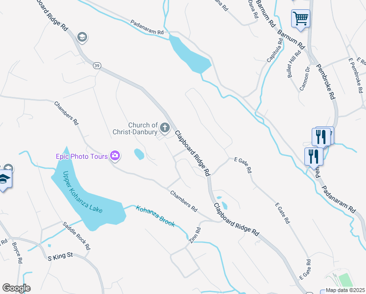 map of restaurants, bars, coffee shops, grocery stores, and more near 86 Clapboard Ridge Road in Danbury