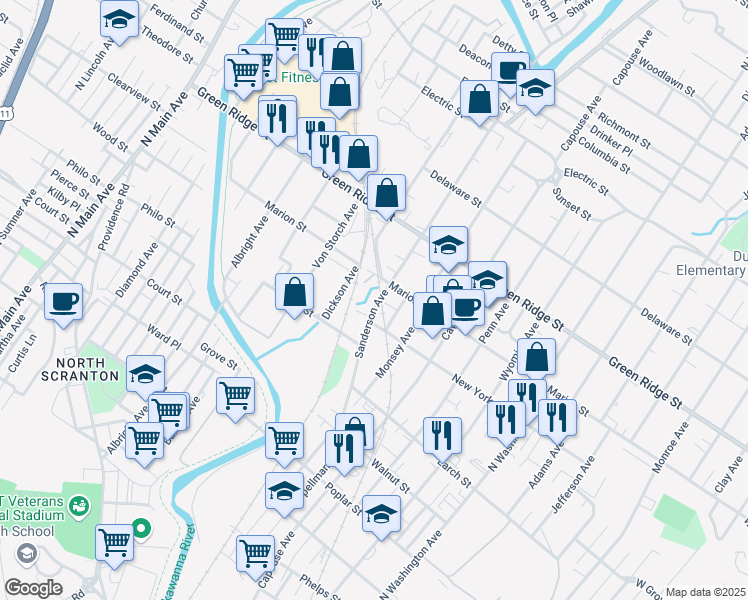 map of restaurants, bars, coffee shops, grocery stores, and more near 1441 Sanderson Avenue in Scranton