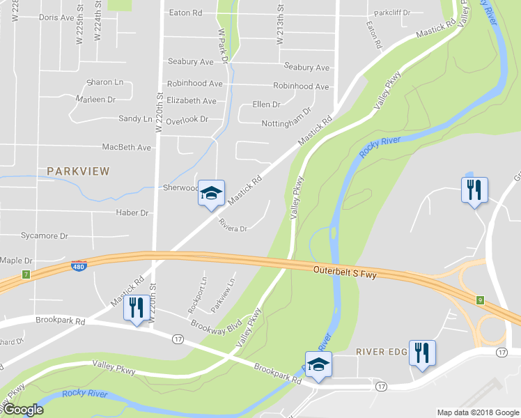 map of restaurants, bars, coffee shops, grocery stores, and more near 21506 Riviera Drive in Fairview Park
