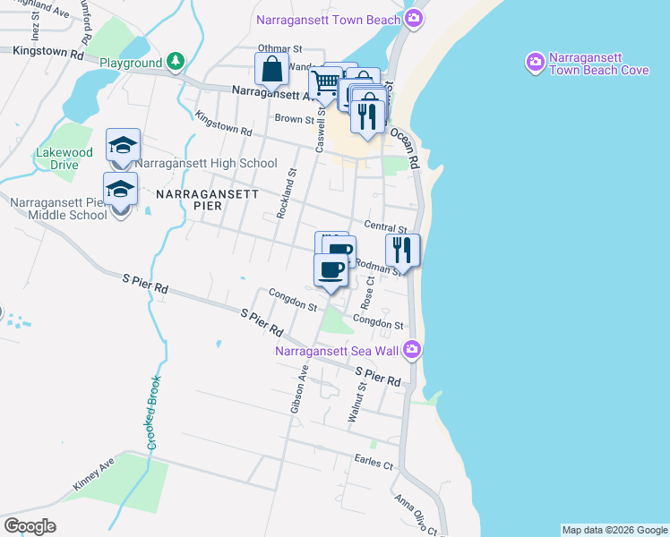 map of restaurants, bars, coffee shops, grocery stores, and more near 129 Boon Street in Narragansett