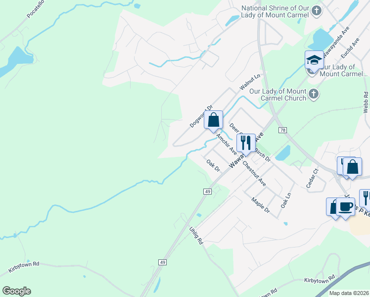 map of restaurants, bars, coffee shops, grocery stores, and more near 63 Walnut Lane in Middletown