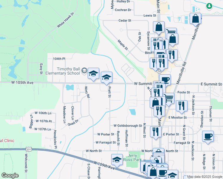 map of restaurants, bars, coffee shops, grocery stores, and more near 909-999 Pratt St in Crown Point