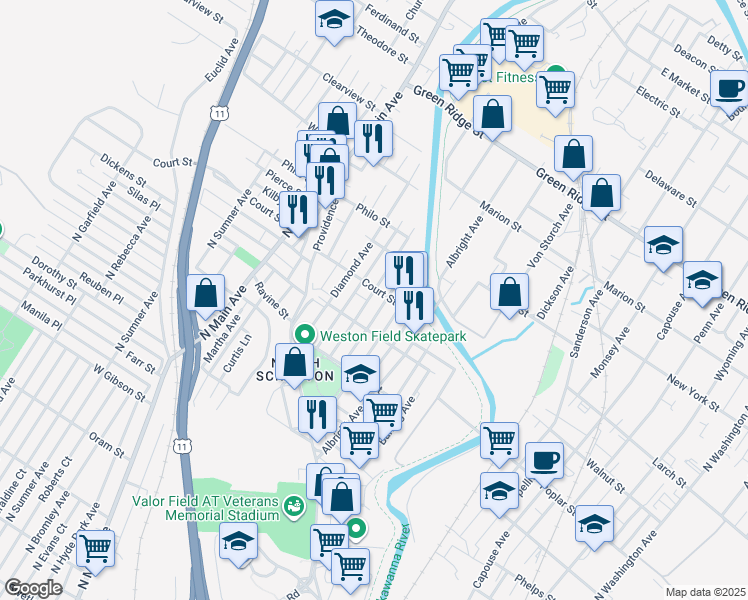map of restaurants, bars, coffee shops, grocery stores, and more near 1130 Blair Avenue in Scranton