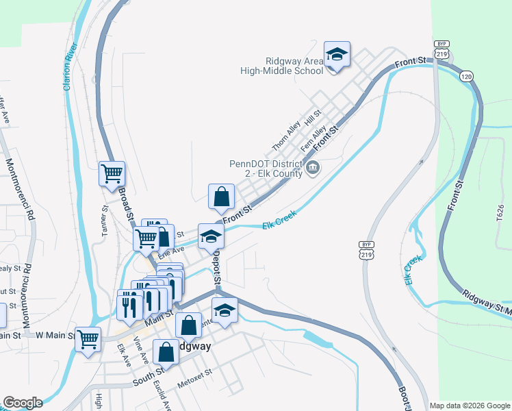 map of restaurants, bars, coffee shops, grocery stores, and more near 500 Front Street in Ridgway