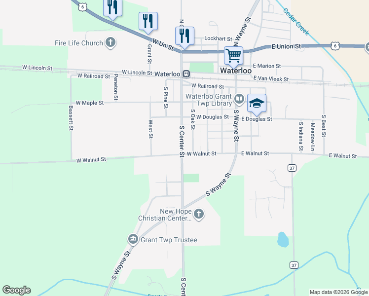 map of restaurants, bars, coffee shops, grocery stores, and more near 580 South Center Street in Waterloo