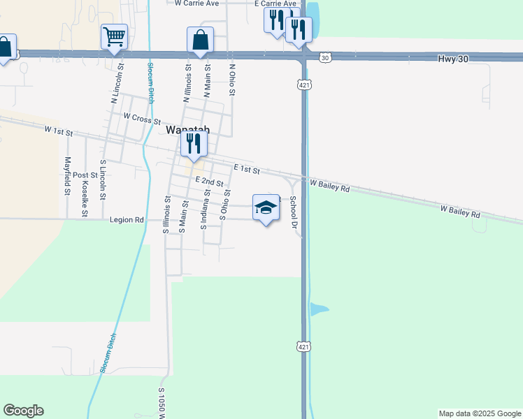 map of restaurants, bars, coffee shops, grocery stores, and more near 309 School Drive in Wanatah
