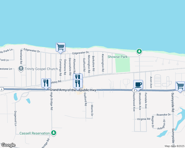 map of restaurants, bars, coffee shops, grocery stores, and more near 350 Berkshire Road in Vermilion