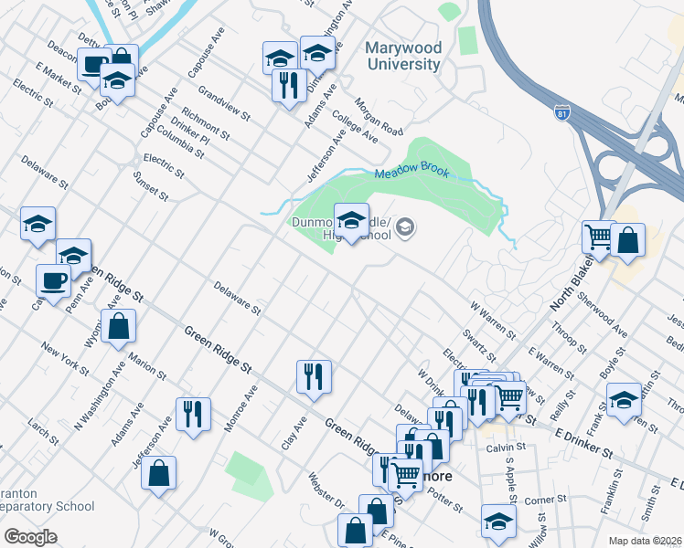 map of restaurants, bars, coffee shops, grocery stores, and more near 1615 Electric Street in Scranton