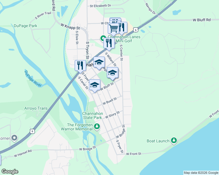 map of restaurants, bars, coffee shops, grocery stores, and more near 25111 South Tryon Street in Channahon