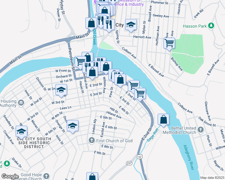 map of restaurants, bars, coffee shops, grocery stores, and more near 302 East 3rd Street in Oil City