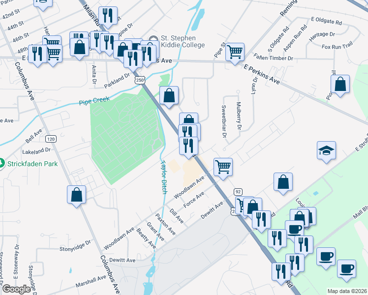 map of restaurants, bars, coffee shops, grocery stores, and more near 3303 Milan Road in Sandusky