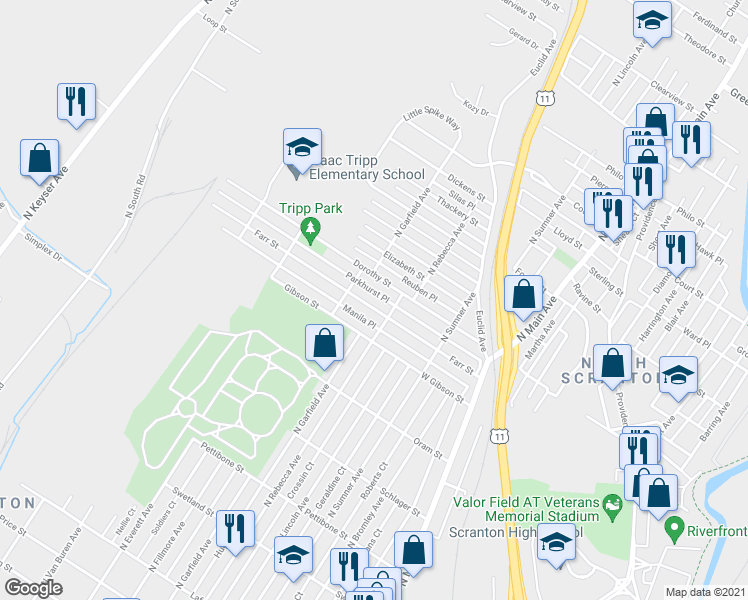 map of restaurants, bars, coffee shops, grocery stores, and more near 1624 Farr St in Scranton