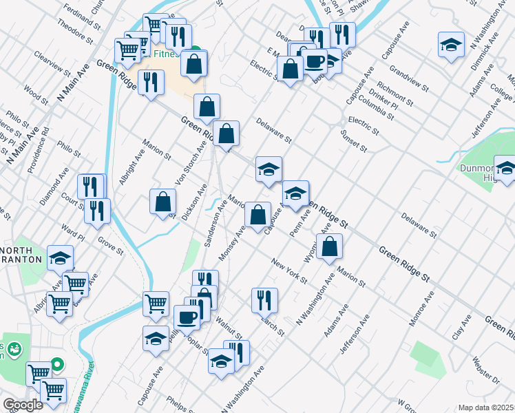 map of restaurants, bars, coffee shops, grocery stores, and more near 1514 Monsey Avenue in Scranton