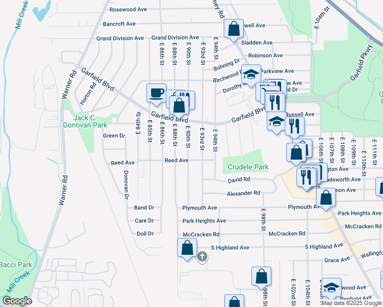 map of restaurants, bars, coffee shops, grocery stores, and more near 4865 East 90th Street in Garfield Heights