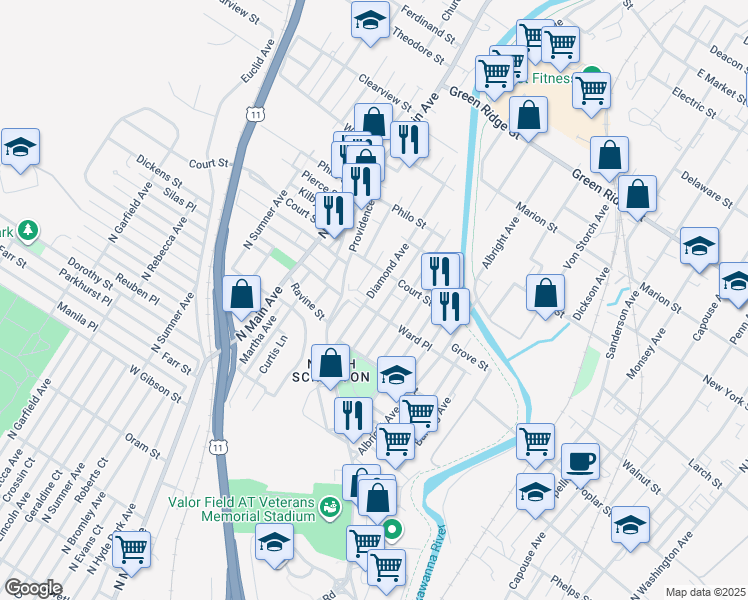 map of restaurants, bars, coffee shops, grocery stores, and more near 1110 Diamond Avenue in Scranton