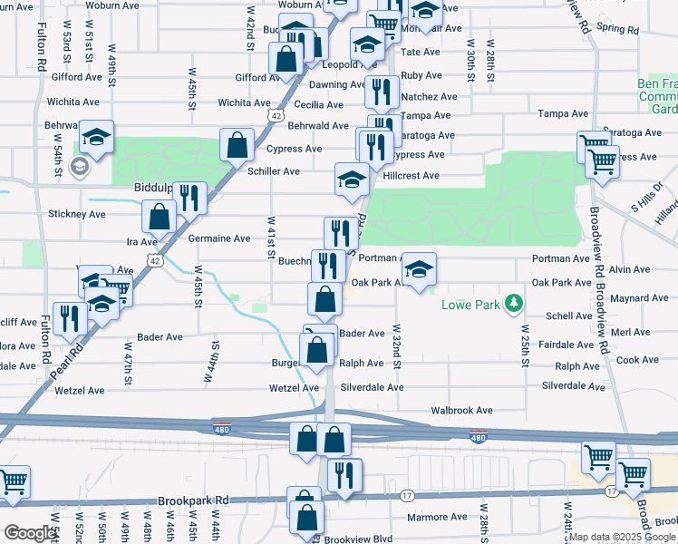 map of restaurants, bars, coffee shops, grocery stores, and more near 4682 State Road in Cleveland