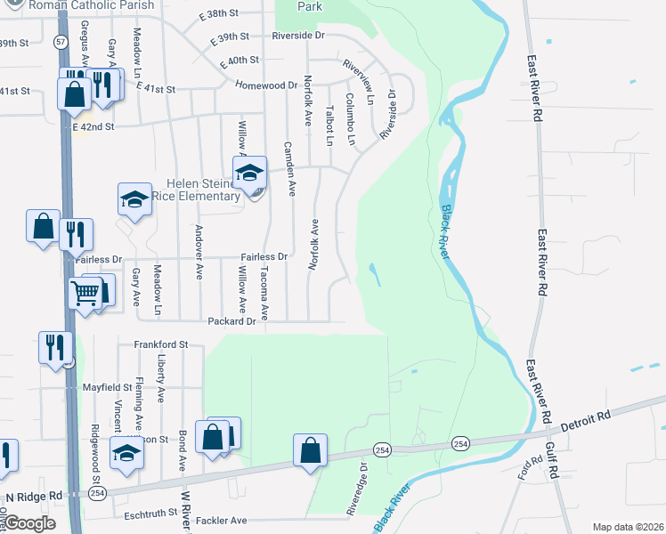 map of restaurants, bars, coffee shops, grocery stores, and more near 4610 Riverside Drive in Lorain