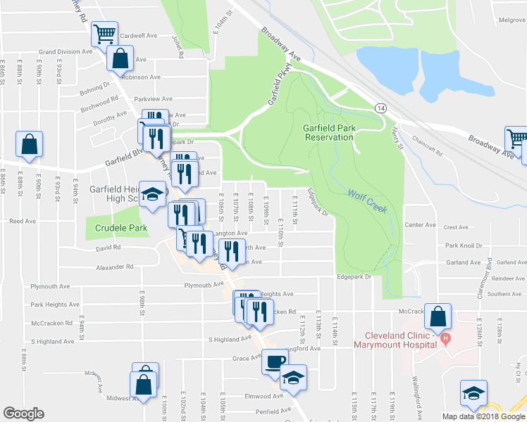 map of restaurants, bars, coffee shops, grocery stores, and more near 4922 East 109th Street in Garfield Heights
