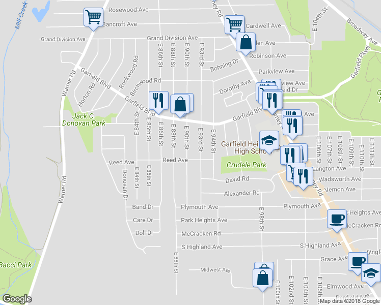 map of restaurants, bars, coffee shops, grocery stores, and more near 4865 East 90th Street in Cleveland