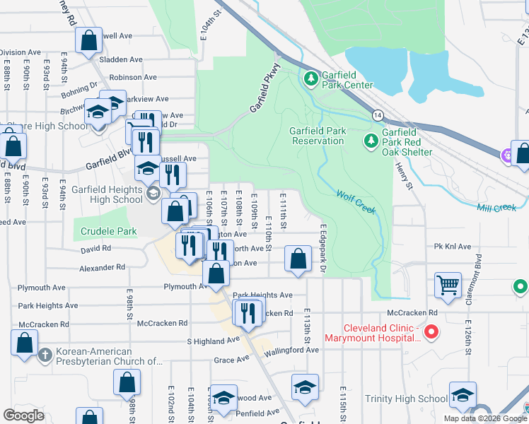 map of restaurants, bars, coffee shops, grocery stores, and more near 4915 East 111th Street in Garfield Heights