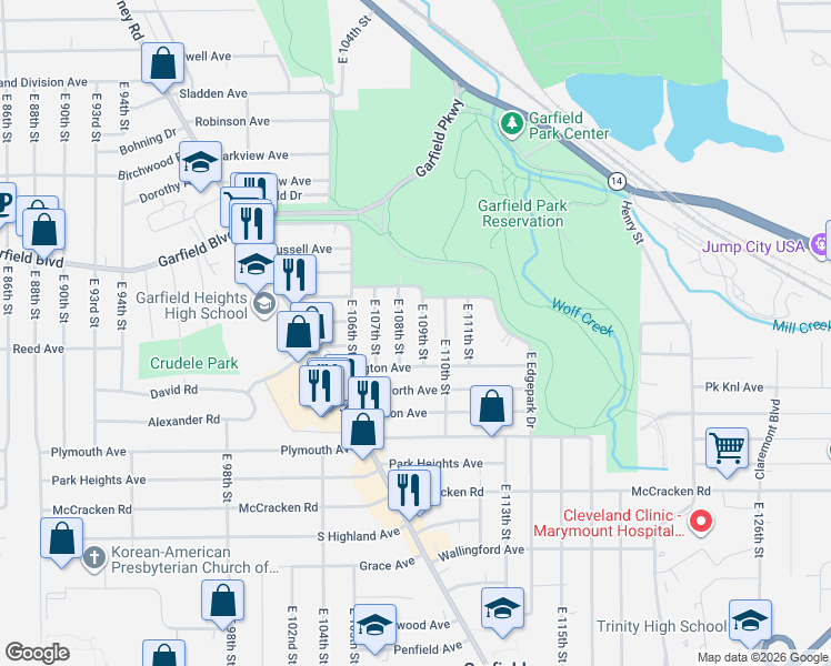 map of restaurants, bars, coffee shops, grocery stores, and more near 4922 East 109th Street in Garfield Heights