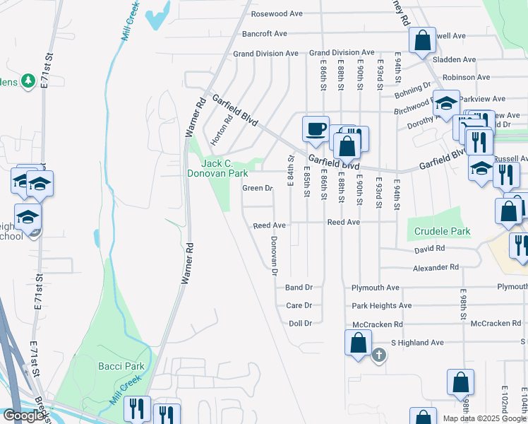map of restaurants, bars, coffee shops, grocery stores, and more near 8232 Crudele Drive in Garfield Heights
