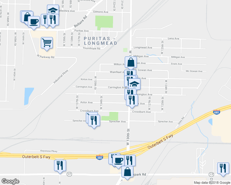 map of restaurants, bars, coffee shops, grocery stores, and more near 13105 Carrington Avenue in Cleveland