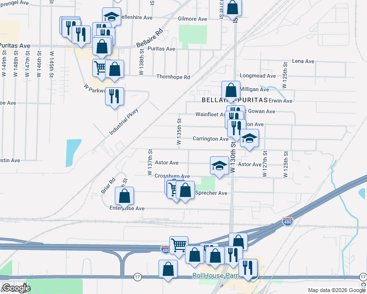 map of restaurants, bars, coffee shops, grocery stores, and more near 13420 Bennington Avenue in Cleveland