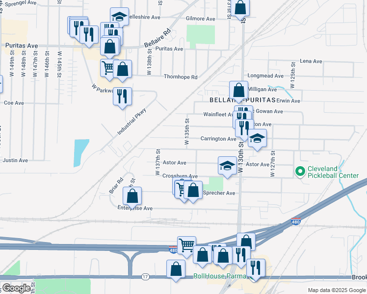 map of restaurants, bars, coffee shops, grocery stores, and more near 13420 Bennington Avenue in Cleveland
