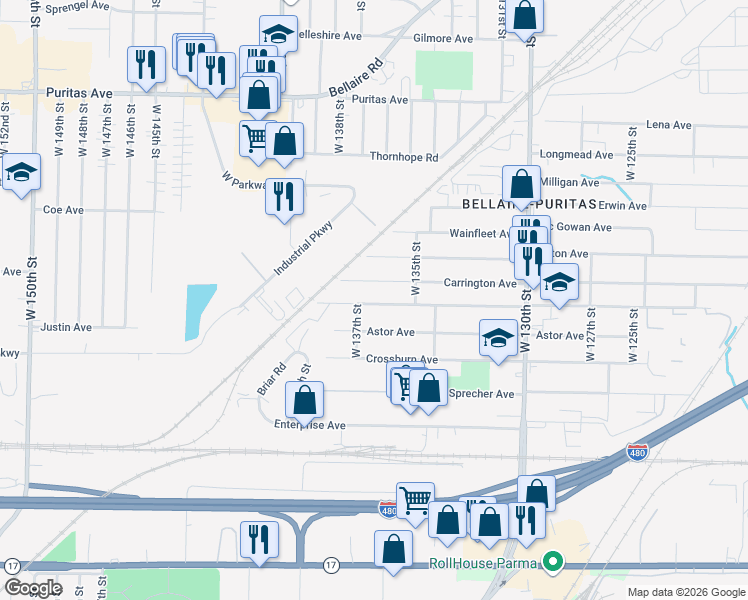 map of restaurants, bars, coffee shops, grocery stores, and more near 13526 Bennington Avenue in Cleveland