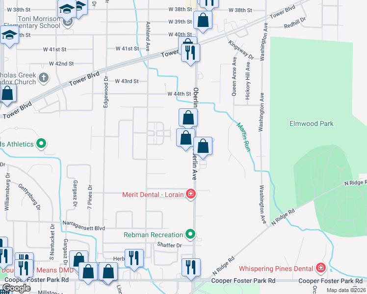 map of restaurants, bars, coffee shops, grocery stores, and more near 4658 Oberlin Avenue in Lorain
