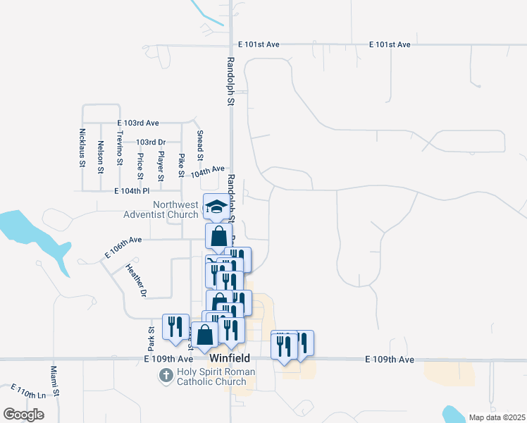 map of restaurants, bars, coffee shops, grocery stores, and more near 10532 Ontario Drive in Crown Point