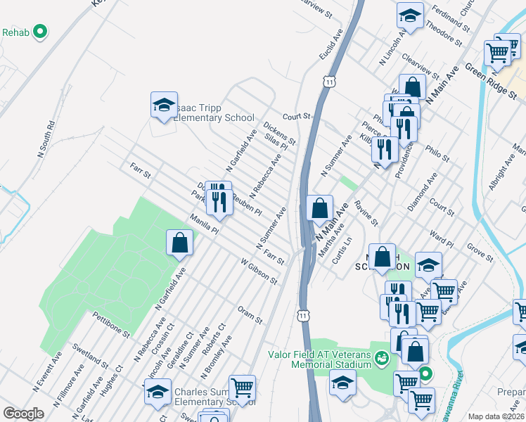 map of restaurants, bars, coffee shops, grocery stores, and more near 1429 Elizabeth St in Scranton