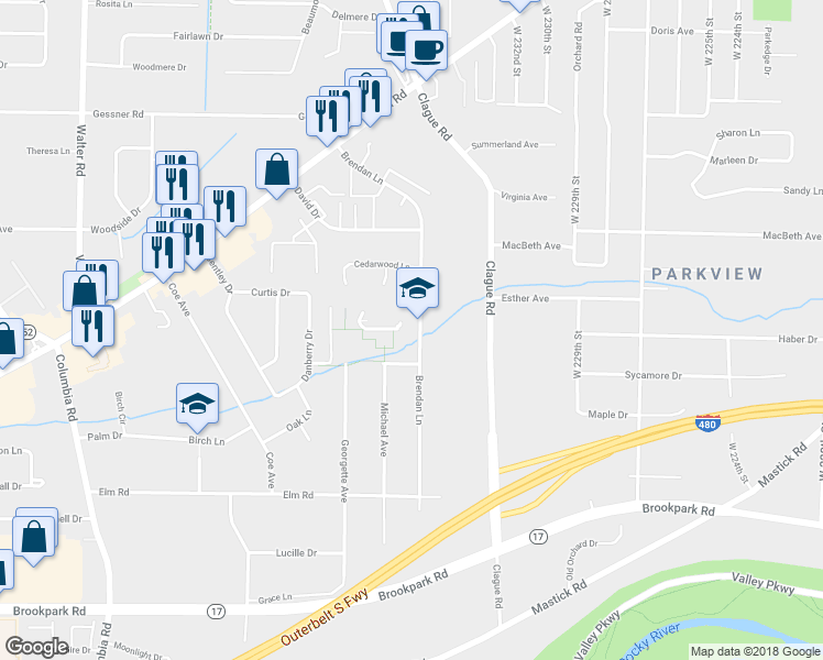 map of restaurants, bars, coffee shops, grocery stores, and more near 4256 Brendan Lane in North Olmsted