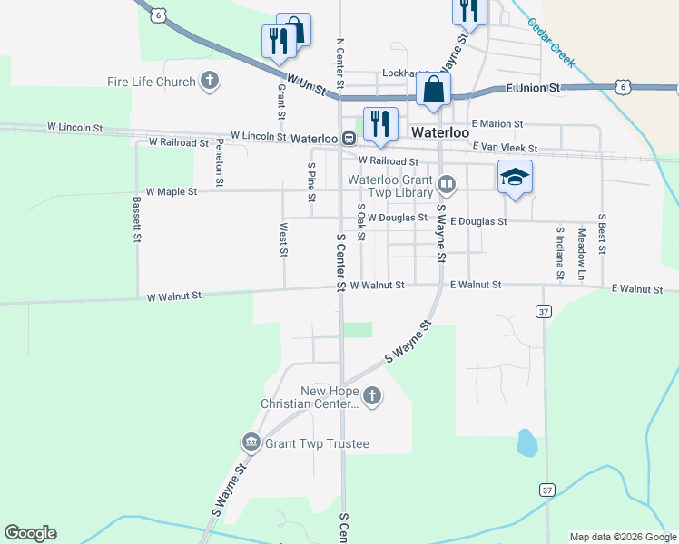 map of restaurants, bars, coffee shops, grocery stores, and more near 580 South Center Street in Waterloo