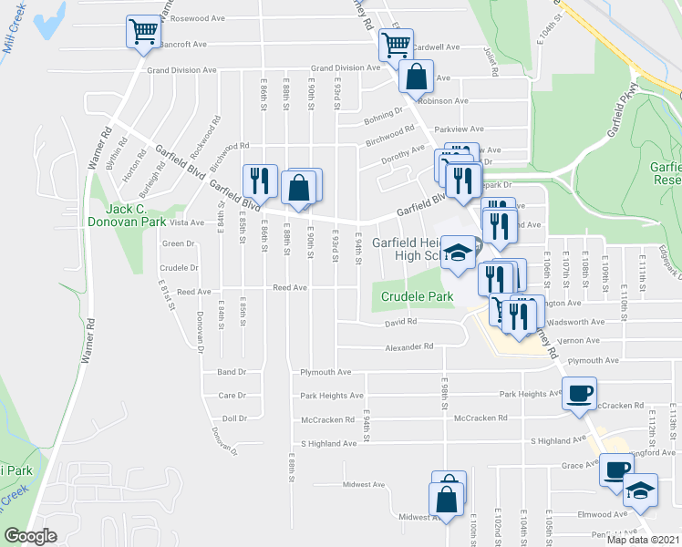map of restaurants, bars, coffee shops, grocery stores, and more near 4867 East 93rd Street in Garfield Heights