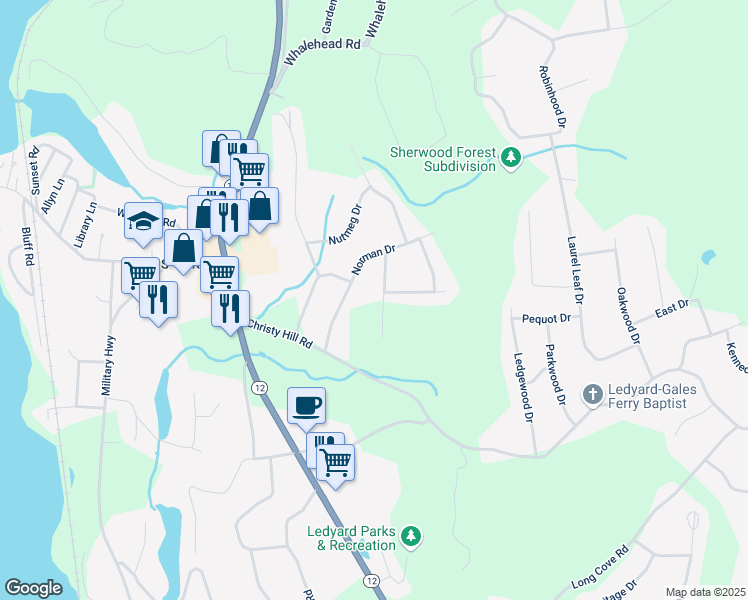 map of restaurants, bars, coffee shops, grocery stores, and more near 16 Norman Drive in Ledyard