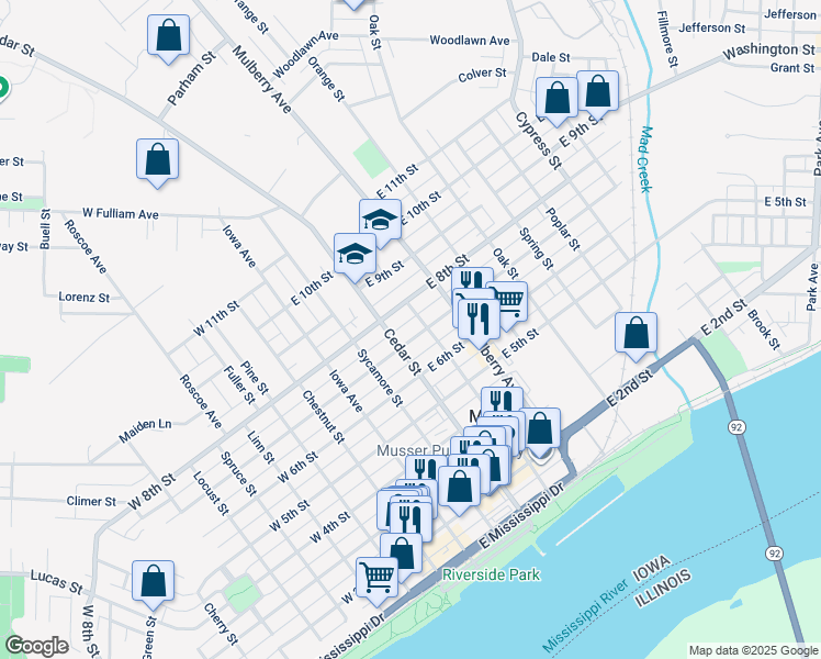 map of restaurants, bars, coffee shops, grocery stores, and more near 309 East 7th Street in Muscatine