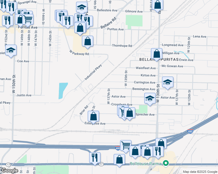 map of restaurants, bars, coffee shops, grocery stores, and more near 13634 Bennington Avenue in Cleveland