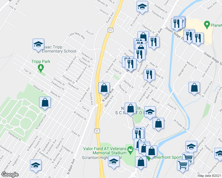map of restaurants, bars, coffee shops, grocery stores, and more near 1029 North Main Avenue in Scranton