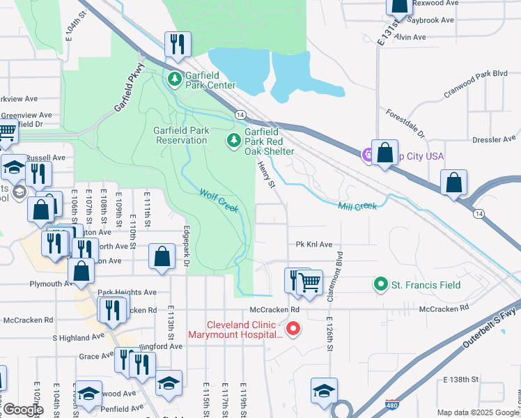 map of restaurants, bars, coffee shops, grocery stores, and more near 12000 Marguerite Avenue in Garfield Heights