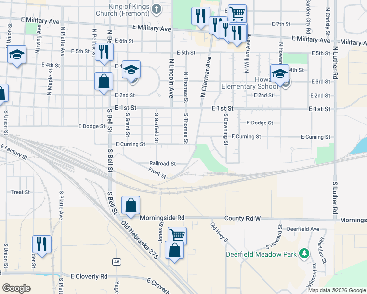 map of restaurants, bars, coffee shops, grocery stores, and more near 1657 East Cuming Street in Fremont
