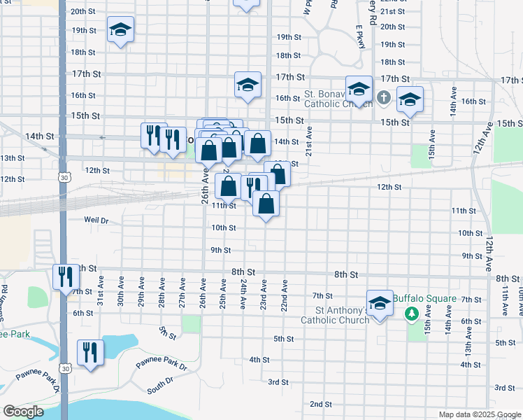 map of restaurants, bars, coffee shops, grocery stores, and more near 2301 11th Street in Columbus