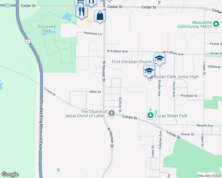 map of restaurants, bars, coffee shops, grocery stores, and more near 2902 Dawson Street in Muscatine
