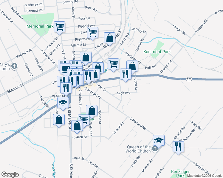 map of restaurants, bars, coffee shops, grocery stores, and more near 334 Kaul Avenue in Saint Marys